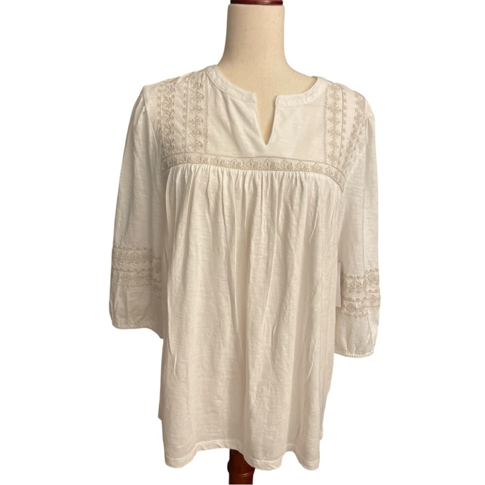 Croft & Barrow white blouse with embroidered cream detail. Size M, boho style.
